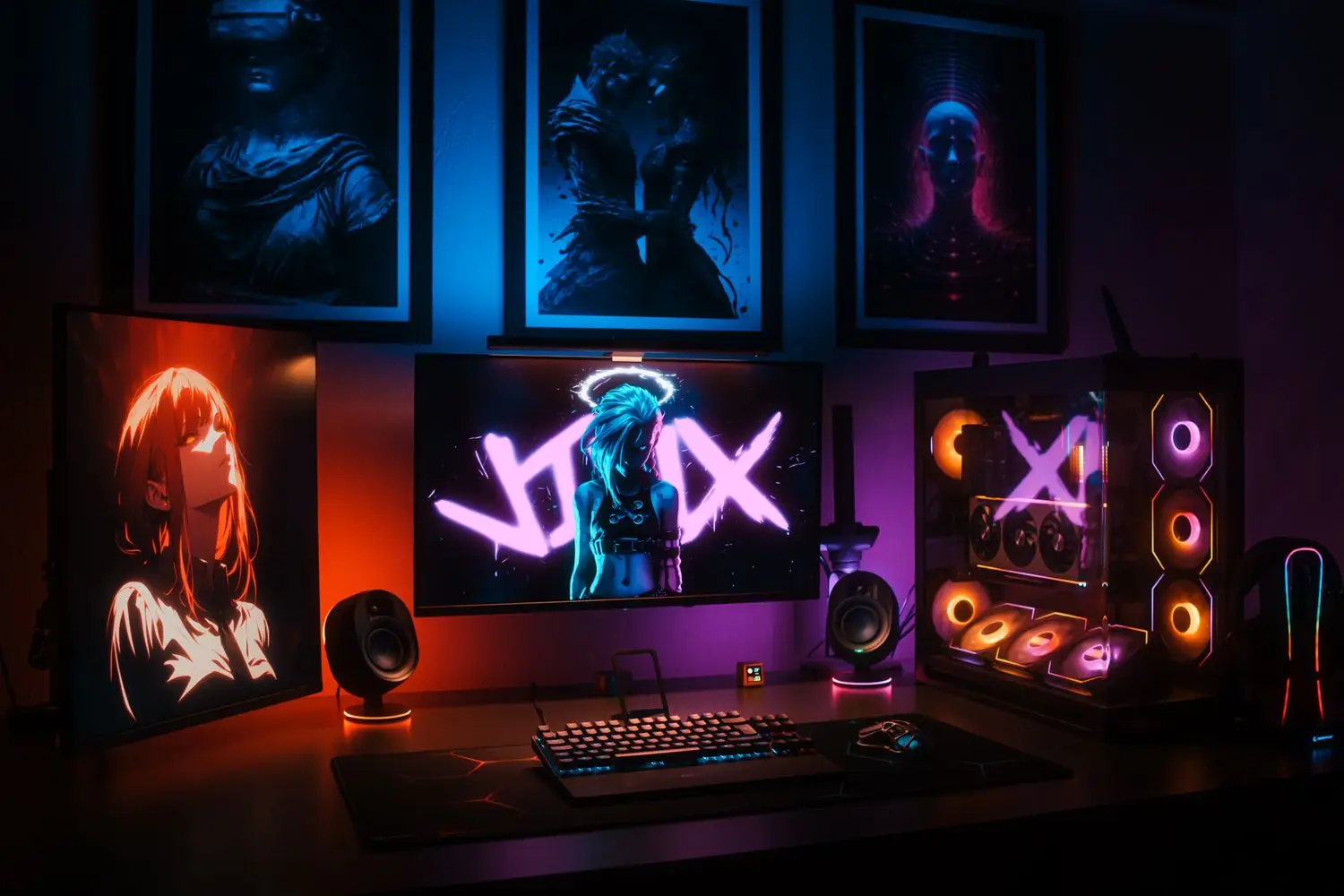 Beleuchtetes Streaming-Setup mit Monitoren